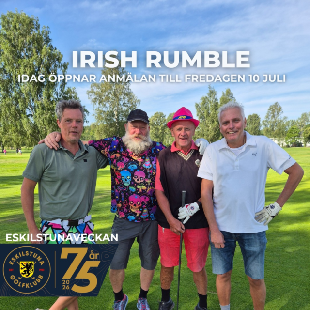 🔥 Idag kl. 12:00 öppnar anmälan!
Nu släpper vi näst sista tävlingen under Eskilstunaveckan –
🏌️‍♂️ Irish Rumble

👥 Lag: 4 personer
🏆 Spelform: Slaggolf i lag – där fler scorer räknas ju längre rundan går:

• Hål 1–6: 1 score
• Hål 7–12: 2 scorer
• Hål 13–17: 3 scorer
• Hål 18: 4 scorer 💥

🌟 Under dagen:
🍹 AW-priser 12:00–18:00
🦐 Räkfrossa från 18:00
🏆 Prisutdelning ca 21:00 i Bistro Bryggan

💰 Avgift: 500 kr/person (inkl. tävling & buffé)
💰 Greenfee: 300 kr/gäst
🎟️ Extra biljett: 300 kr (släpps 1/6)
📲 Scoring via GameBook (gratisversion räcker)

⏰ Viktigt:
Betalning ska vara gjord senast 29 juni kl. 12:00 för att behålla platsen
👉 Anmäl ditt lag via min golf.

Samla laget – det här blir en riktig höjdpunkt i slutet av veckan! 💥⛳
#eskilstunagolfklubb #meränbaraengolfklubb #eskilstunaveckan2026