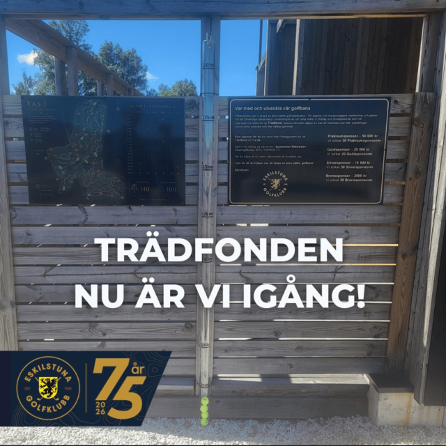 🌳 Nu kan du följa Trädfonden direkt på klubben!
Skylten är nu på plats på vägen mot första tee och visar hur insamlingen till Trädfonden utvecklas.
Vi är glada över att redan ha samlat in omkring **10 % av målet** – ett stort tack till alla som hittills valt att bidra! 💚

Målet är att ge våra nya hål en vacker och hållbar inramning med träd och buskar som kommer att skapa både spelglädje och naturupplevelser under många år framöver.
Vi hoppas att ännu fler vill vara med och bidra. Tillsammans kan vi göra stor skillnad, och vi ser fram emot att fylla röret med fler golfbollar som visar hur Trädfonden växer.
På startsidan på vår hemsida hittar du mer information om hur du är med i insamlingen.
Ett varmt tack för ert engagemang!
/ Styrelsen

#eskilstunagolfklubb #meränbaraengolfklubb