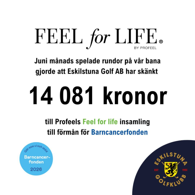 💛 Vi fortsätter spela för livet! 💛
Vår insamling tillsammans med Profeel genom Feel for life till förmån för Barncancerfonden fortsätter att växa – tack vare alla er som spelar hos oss.

Under juni spelades 6 634 rundor på Eskilstuna Golfklubb. Det innebär att vi har skänkt ytterligare 6 634 kronor till insamlingen. Sedan starten i april har det spelats totalt 14 081 rundor, vilket betyder att vi nu har skänkt 14 081 kronor. 🎗️

Varje golfrunda bidrar till något större. Tack till alla medlemmar, gäster och samarbetspartners som är med och gör skillnad.
Vill du hjälpa oss att samla in ännu mer? Du kan också bidra direkt till vår insamling hos Barncancerfonden.

Tillsammans fortsätter vi att skapa hopp – en runda i taget. 💛
#eskilstunagolfklubb #meränbaraengolfklubb